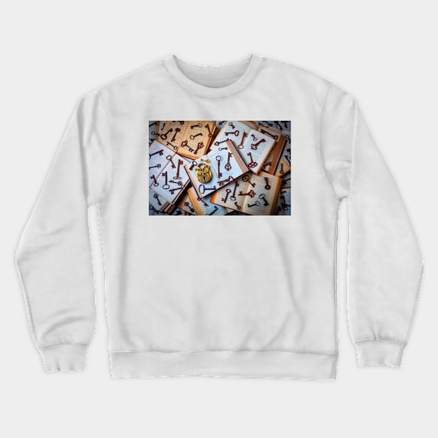 Owl Lock And Old Keys On Books Crewneck Sweatshirt by photogarry